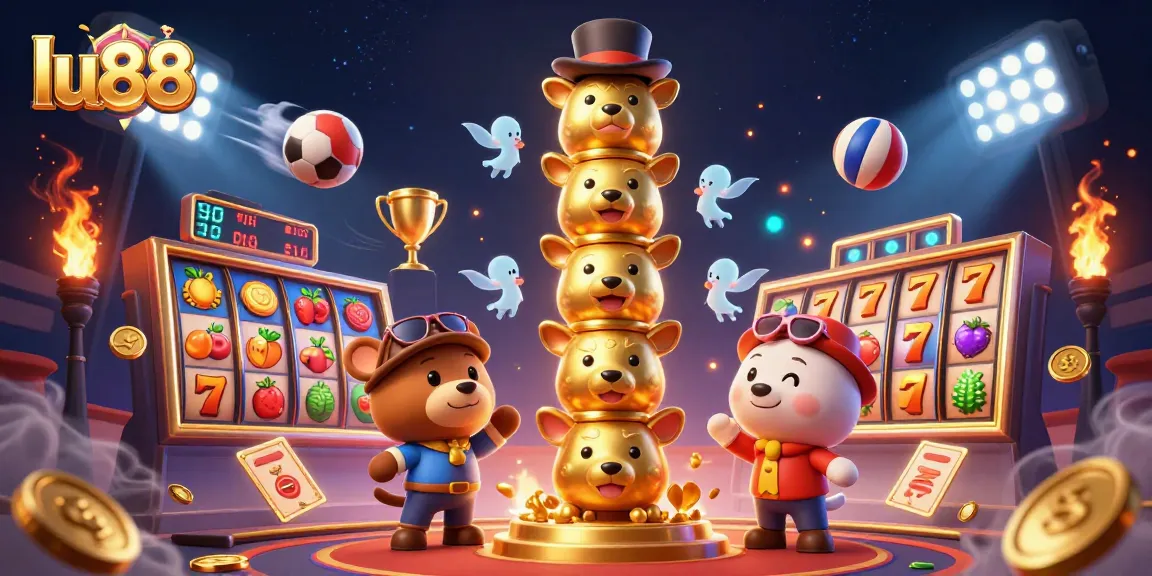 Play slots and win jackpots at lu88, featuring a vibrant casino scene with animated totem and dynamic elements.