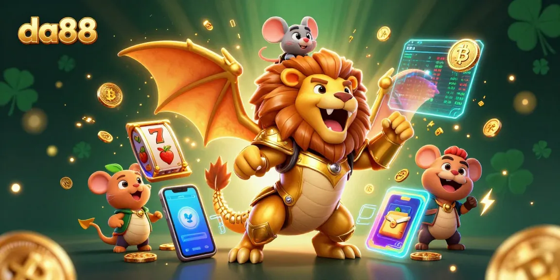 Engage with da88's vibrant slots scene featuring a roaring chimera and whimsical game elements.