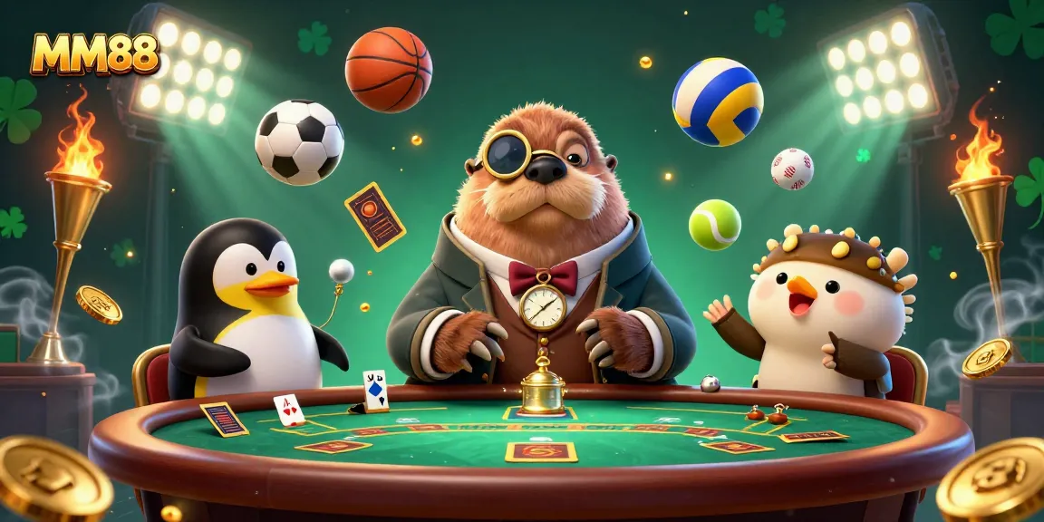 Experience thrilling gameplay at MM88, featuring a jolly walrus at an underwater poker table with engaging game elements.