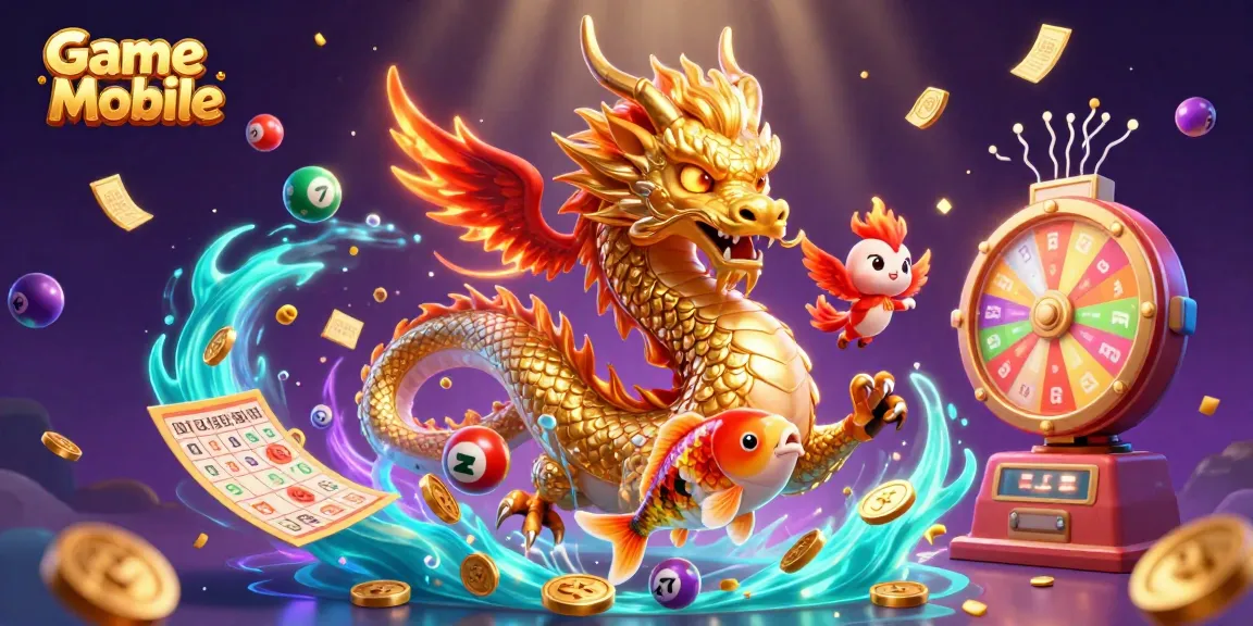 Experience Game Mobile excitement with golden dragon, phoenix, and koi in dynamic casino scene.