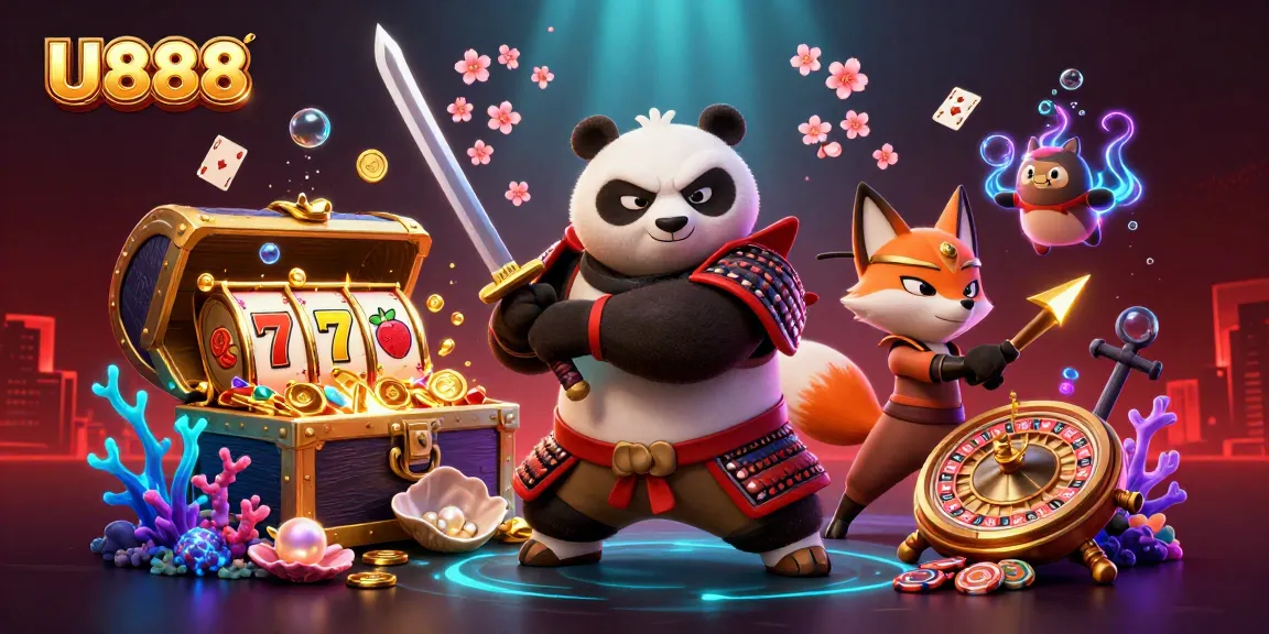 Experience thrilling adventures at U888 with a vibrant casino scene showcasing samurai panda and ninja fox.
